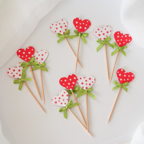 Cupcake Toppers-Λευκές Και Κόκκινες Καρδιές Διπλής Όψης-Hand Made by Ministry Of Art (6pcs)