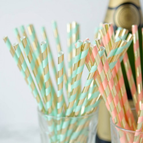 abcJoy "Aqua&Gold Luxury" χάρτινα καλαμάκια ριγέ σε Βεραμάν-Χρυσό (25-pack)