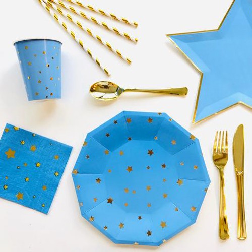 Χάρτινα Πιάτα Φαγητού Μπλε Με Χρυσά Αστέρια 8pcs 