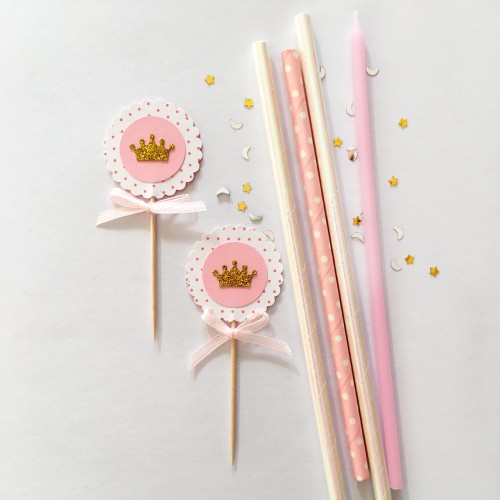 Cupcake Toppers Χρυσά Στέμματα Με Ροζ Λευκό Πουά-Hand Made by Ministry Of Art 6pcs