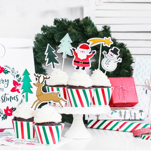 Χάρτινες Θήκες Ριγέ Πράσινο Κόκκινο Cupcake Wrappers Merry Xmas PartyDeco