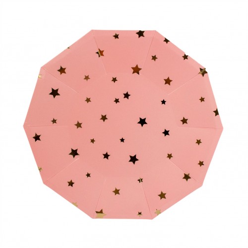 Χάρτινα Πιάτα Γλυκού Ροζ Με Χρυσά Αστέρια 8pcs 