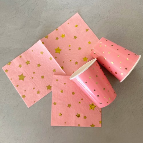 Χαρτοπετσέτες Γλυκού Ροζ Με Χρυσά Αστέρια